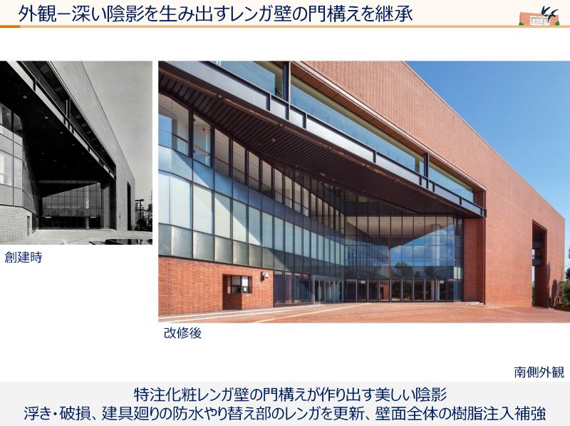 厚木市文化会館の取り組みスライドの一例。外壁補修について。